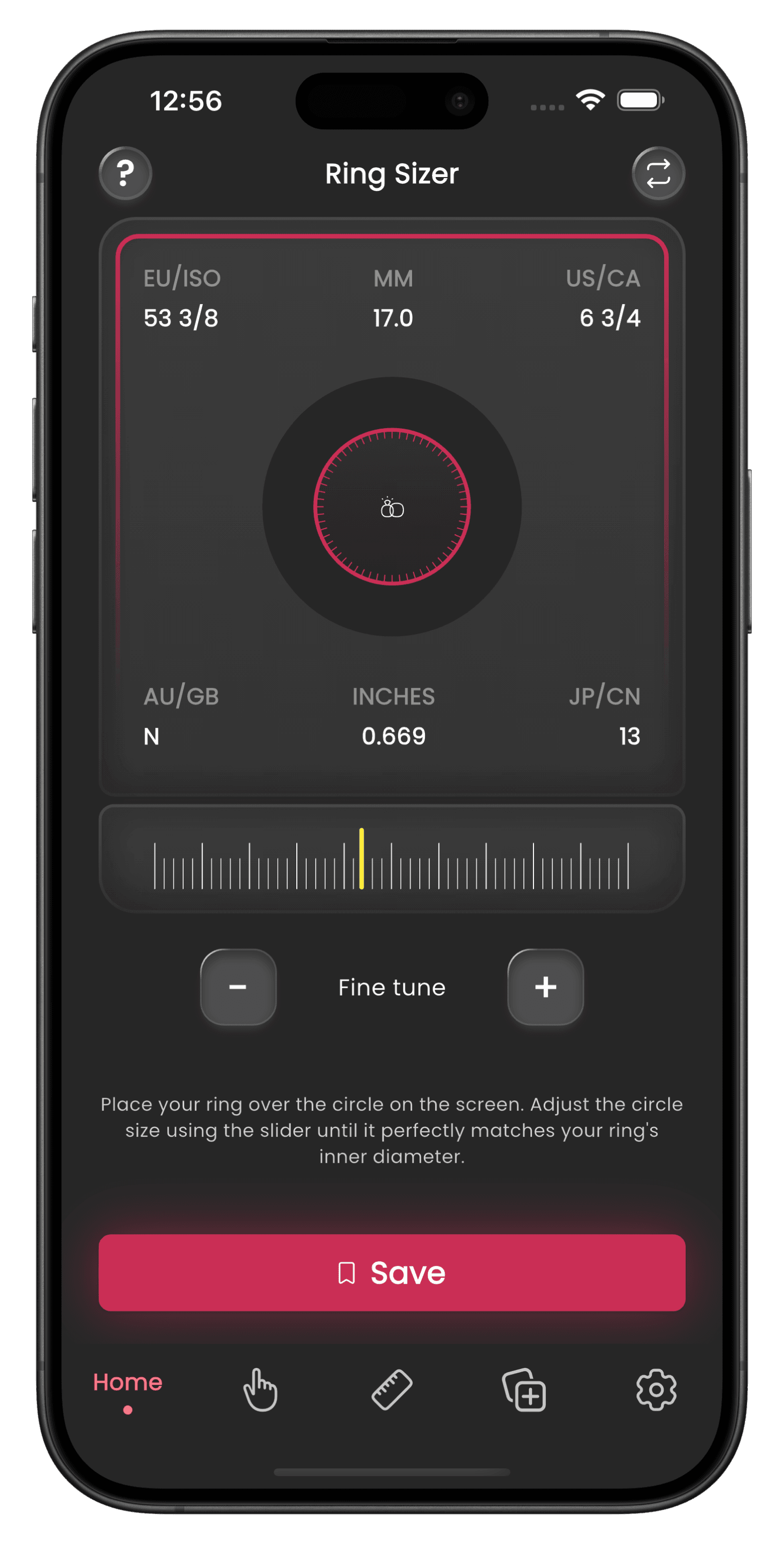 Ring Sizer app home page
